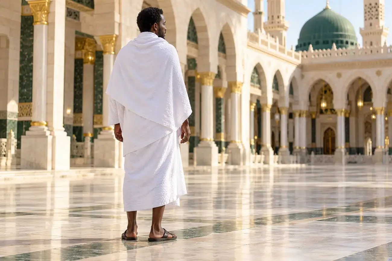 Pilgrim in a mosque courtyard, from the guide